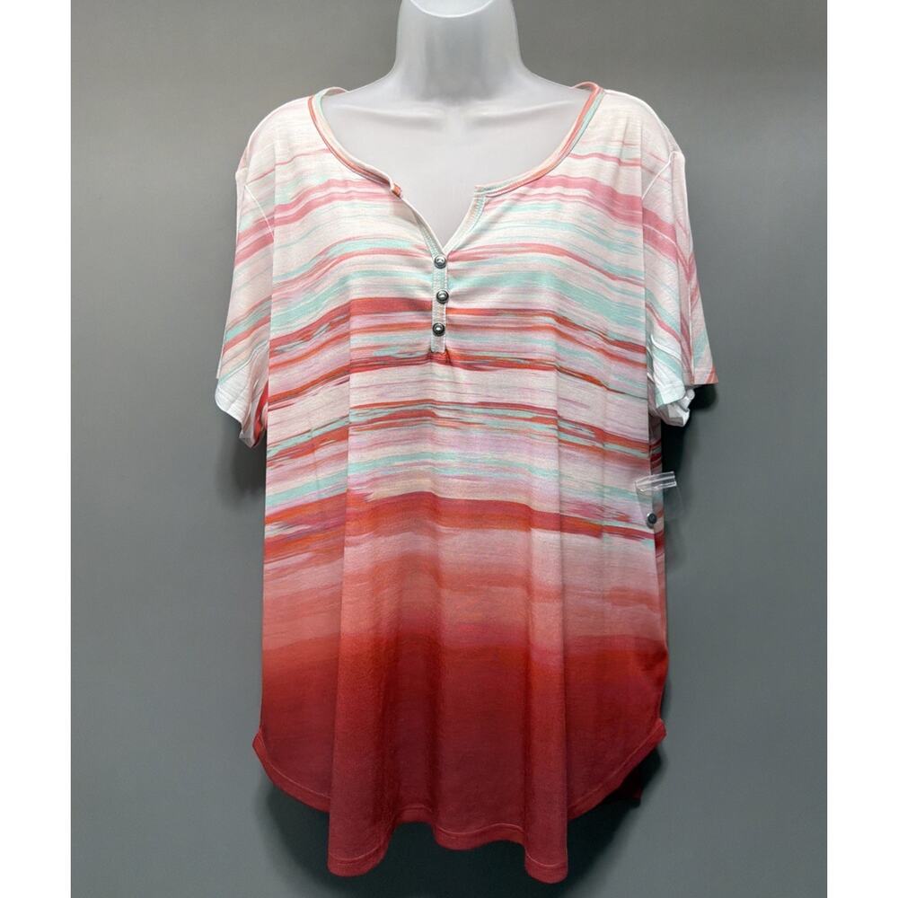 Croft &Barrow Multi Strip Abstract 1/4 Button Knit V-Neck Top Tunic Plus Size 2X